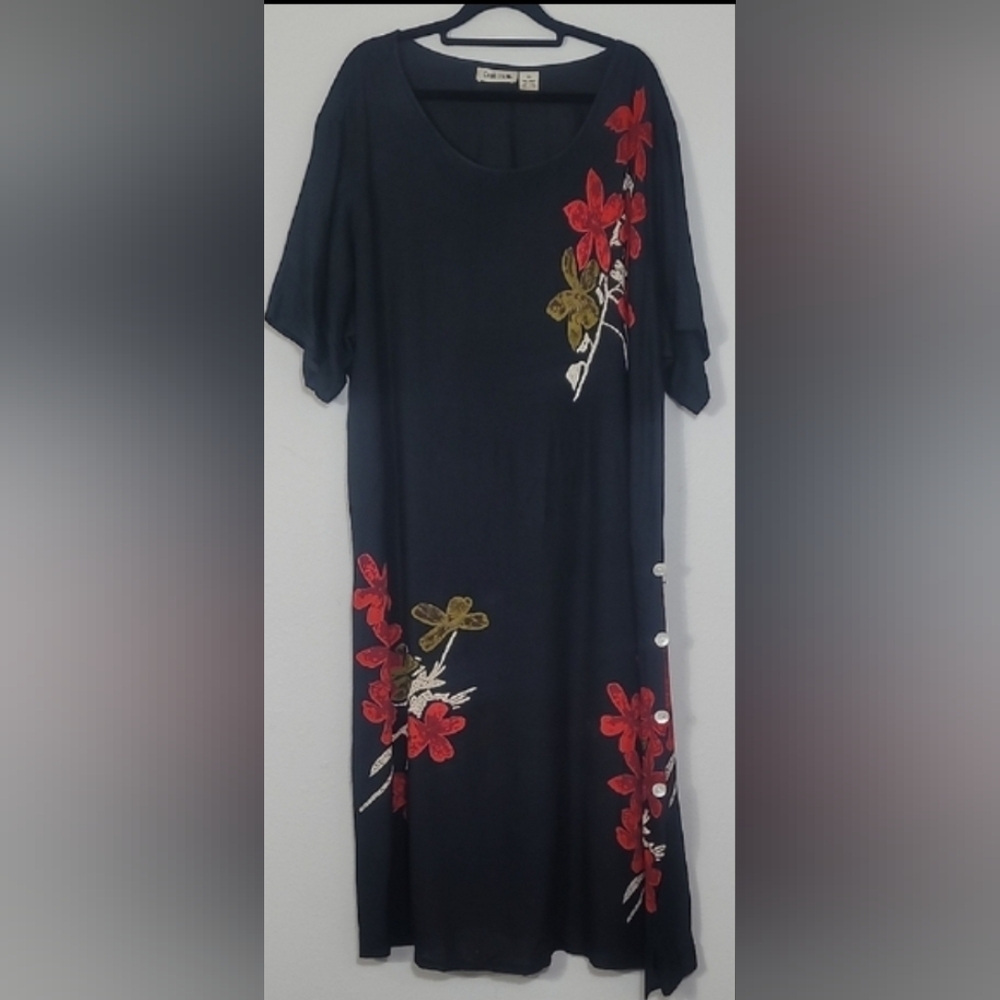 Vintage Capistrano Floral MuuMuu House Dress Size 2X Black Red Buttons Boho